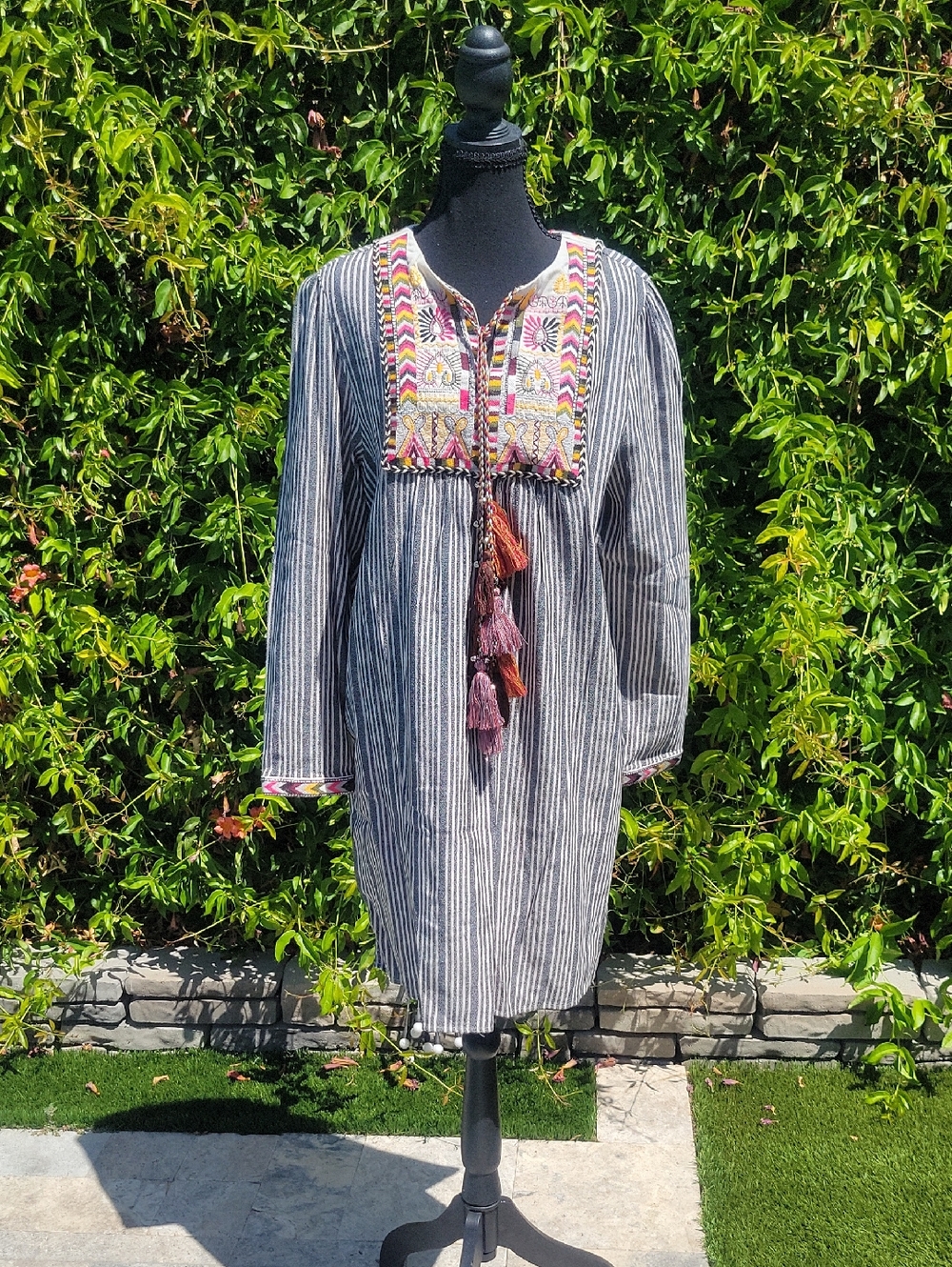 Striped Tunic Dress with Embroidered Collar And Beautiful Beaded Tassels XL